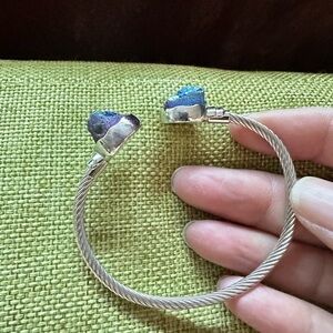 BRACELET CUFF SILVER TONE 6.75 DRUZY BLUE TWISTED ROPE 4139 B